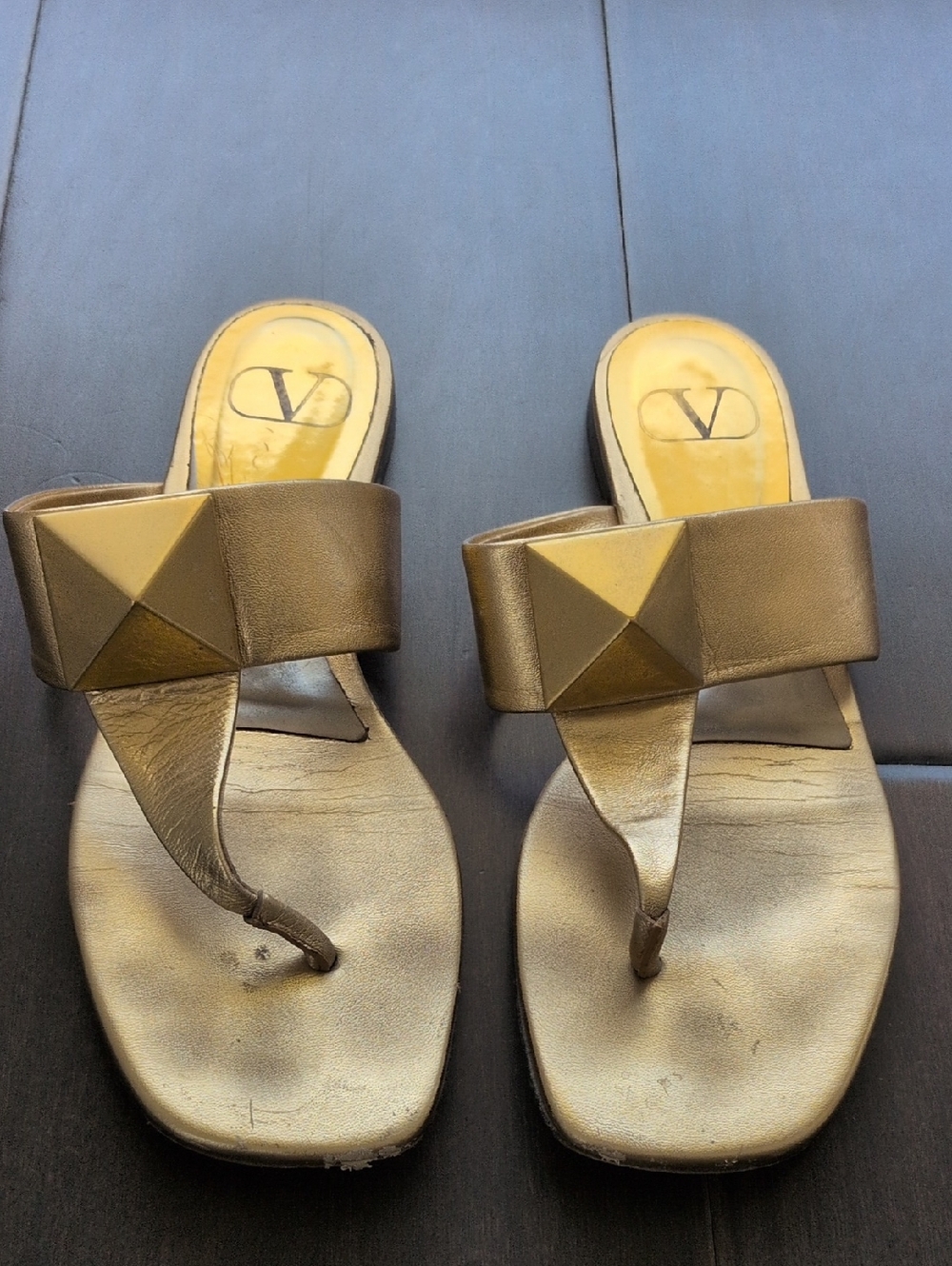 Valentino Metallic Gold Rock Stud Leather Thong Sandals